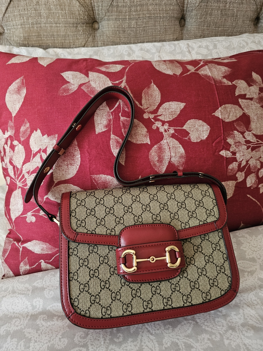 Gucci Red Horsebit GG Canvas Shoulder Bag